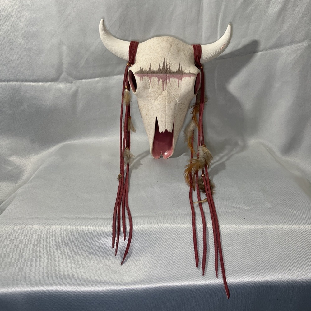 Steer Skull Hand Painted Native American Ceramic Cow Skull Wall Decor 12" X  11"